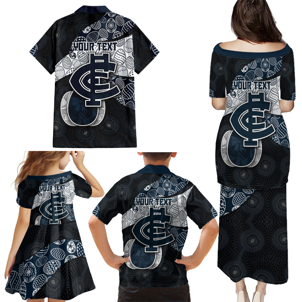 Personalized Carlton Football Family Matching Puletasi and Hawaiian Shirt Easter Egg Pattern Navy Monochrome Tribal Dot Style