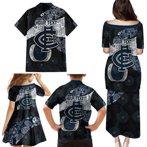 Personalized Carlton Football Family Matching Puletasi and Hawaiian Shirt Easter Egg Pattern Navy Monochrome Tribal Dot Style
