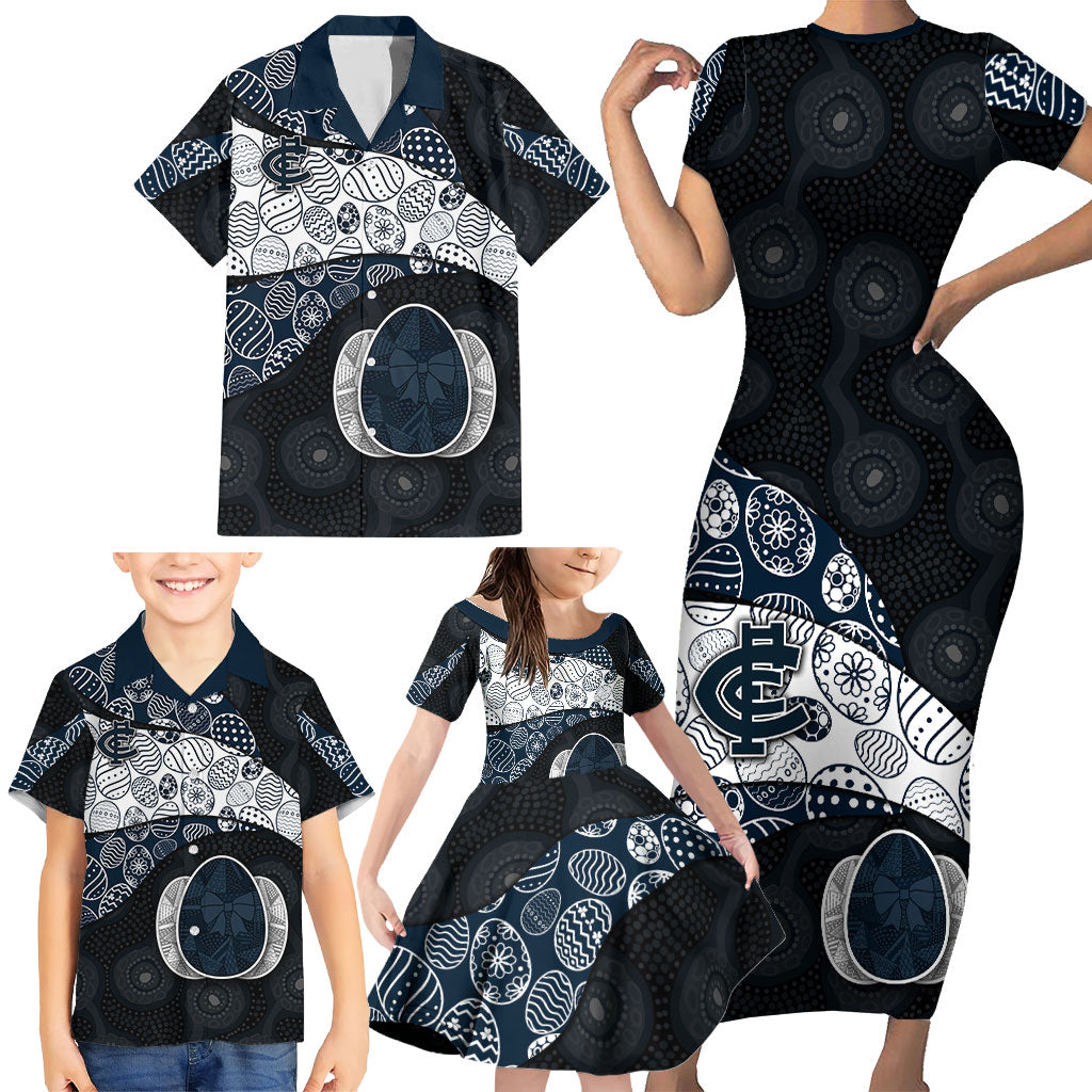 Personalized Carlton Football Family Matching Short Sleeve Bodycon Dress and Hawaiian Shirt Easter Egg Pattern Navy Monochrome Tribal Dot Style