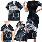 Personalized Carlton Football Family Matching Short Sleeve Bodycon Dress and Hawaiian Shirt Easter Egg Pattern Navy Monochrome Tribal Dot Style