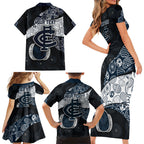 Personalized Carlton Football Family Matching Short Sleeve Bodycon Dress and Hawaiian Shirt Easter Egg Pattern Navy Monochrome Tribal Dot Style
