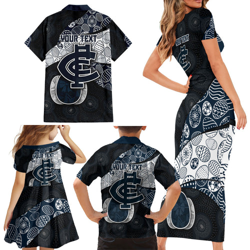 Personalized Carlton Football Family Matching Short Sleeve Bodycon Dress and Hawaiian Shirt Easter Egg Pattern Navy Monochrome Tribal Dot Style