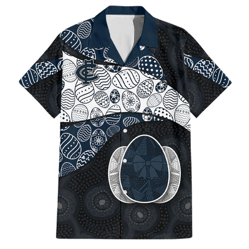 Personalized Carlton Football Family Matching Short Sleeve Bodycon Dress and Hawaiian Shirt Easter Egg Pattern Navy Monochrome Tribal Dot Style
