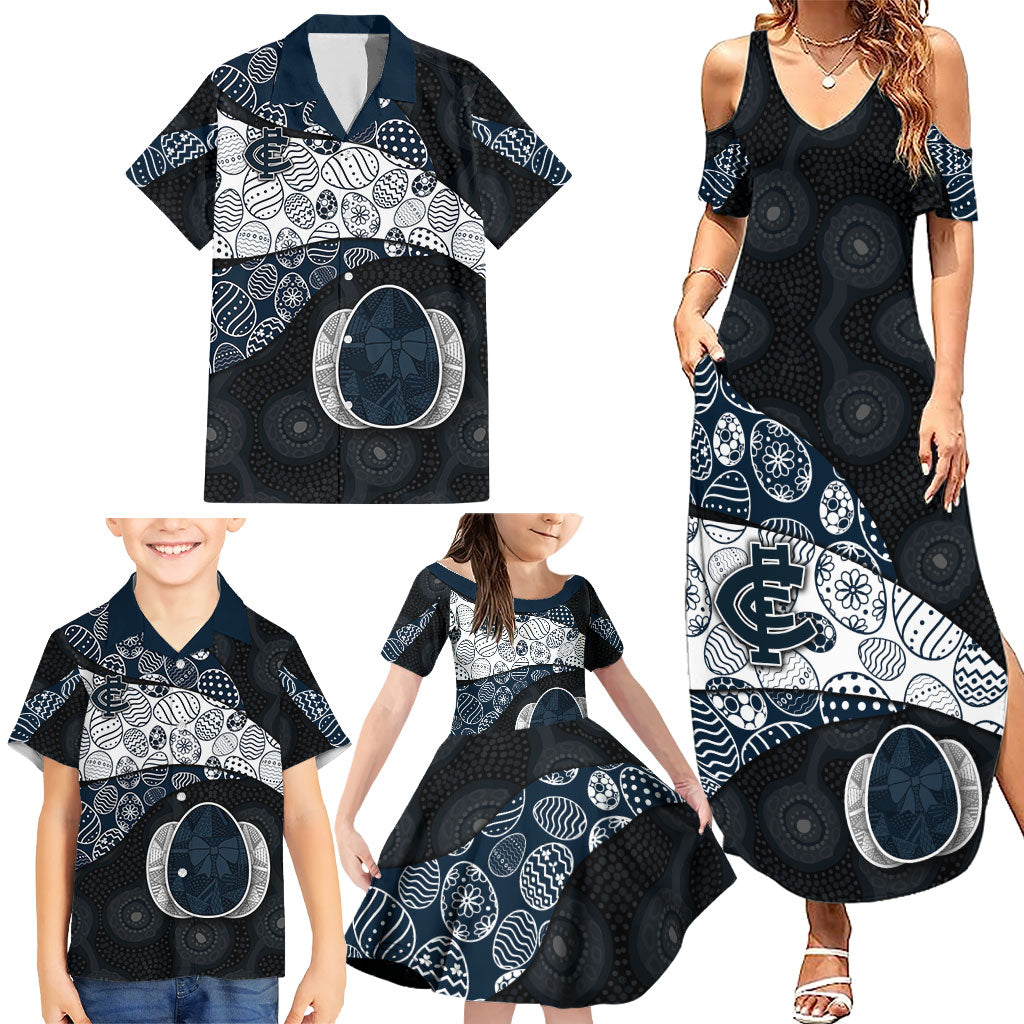 Personalized Carlton Football Family Matching Summer Maxi Dress and Hawaiian Shirt Easter Egg Pattern Navy Monochrome Tribal Dot Style