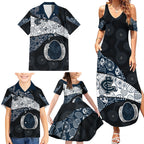 Personalized Carlton Football Family Matching Summer Maxi Dress and Hawaiian Shirt Easter Egg Pattern Navy Monochrome Tribal Dot Style