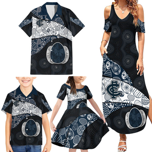 Personalized Carlton Football Family Matching Summer Maxi Dress and Hawaiian Shirt Easter Egg Pattern Navy Monochrome Tribal Dot Style