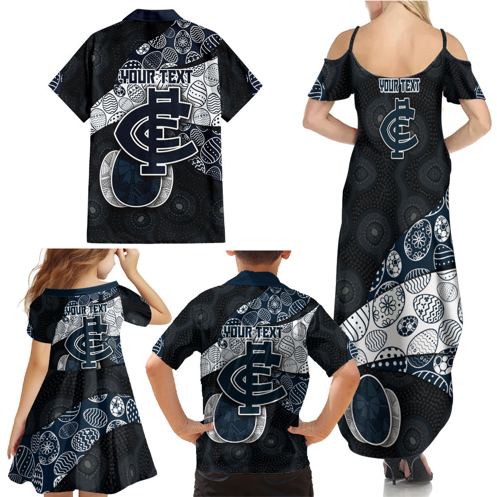 Personalized Carlton Football Family Matching Summer Maxi Dress and Hawaiian Shirt Easter Egg Pattern Navy Monochrome Tribal Dot Style