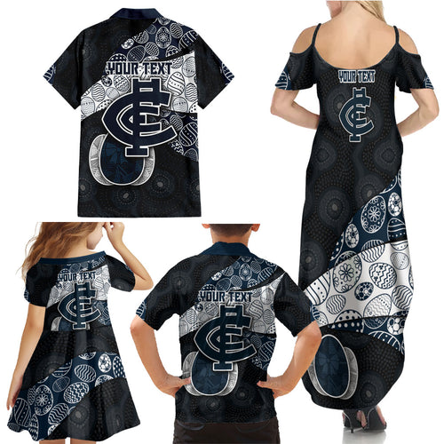 Personalized Carlton Football Family Matching Summer Maxi Dress and Hawaiian Shirt Easter Egg Pattern Navy Monochrome Tribal Dot Style