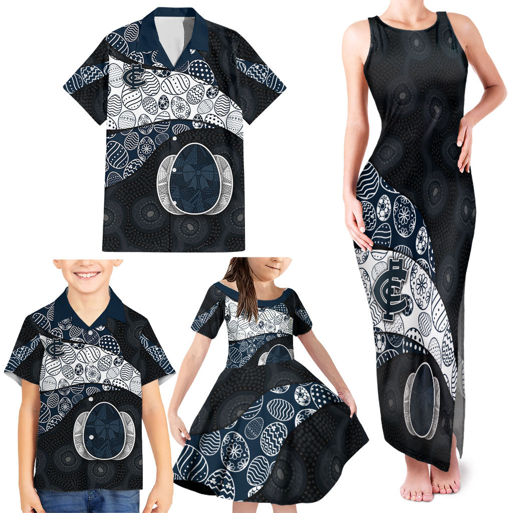 Personalized Carlton Football Family Matching Tank Maxi Dress and Hawaiian Shirt Easter Egg Pattern Navy Monochrome Tribal Dot Style