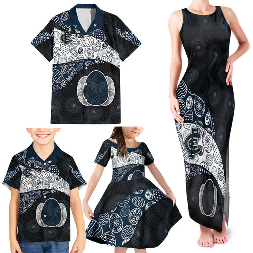 Personalized Carlton Football Family Matching Tank Maxi Dress and Hawaiian Shirt Easter Egg Pattern Navy Monochrome Tribal Dot Style