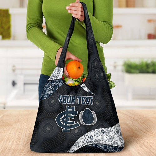 Personalized Carlton Football Grocery Bag Easter Egg Pattern Navy Monochrome Tribal Dot Style