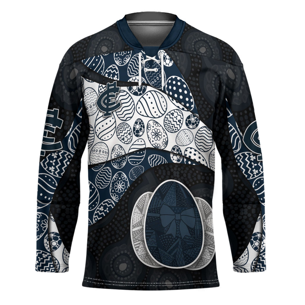 Personalized Carlton Football Hockey Jersey Easter Egg Pattern Navy Monochrome Tribal Dot Style