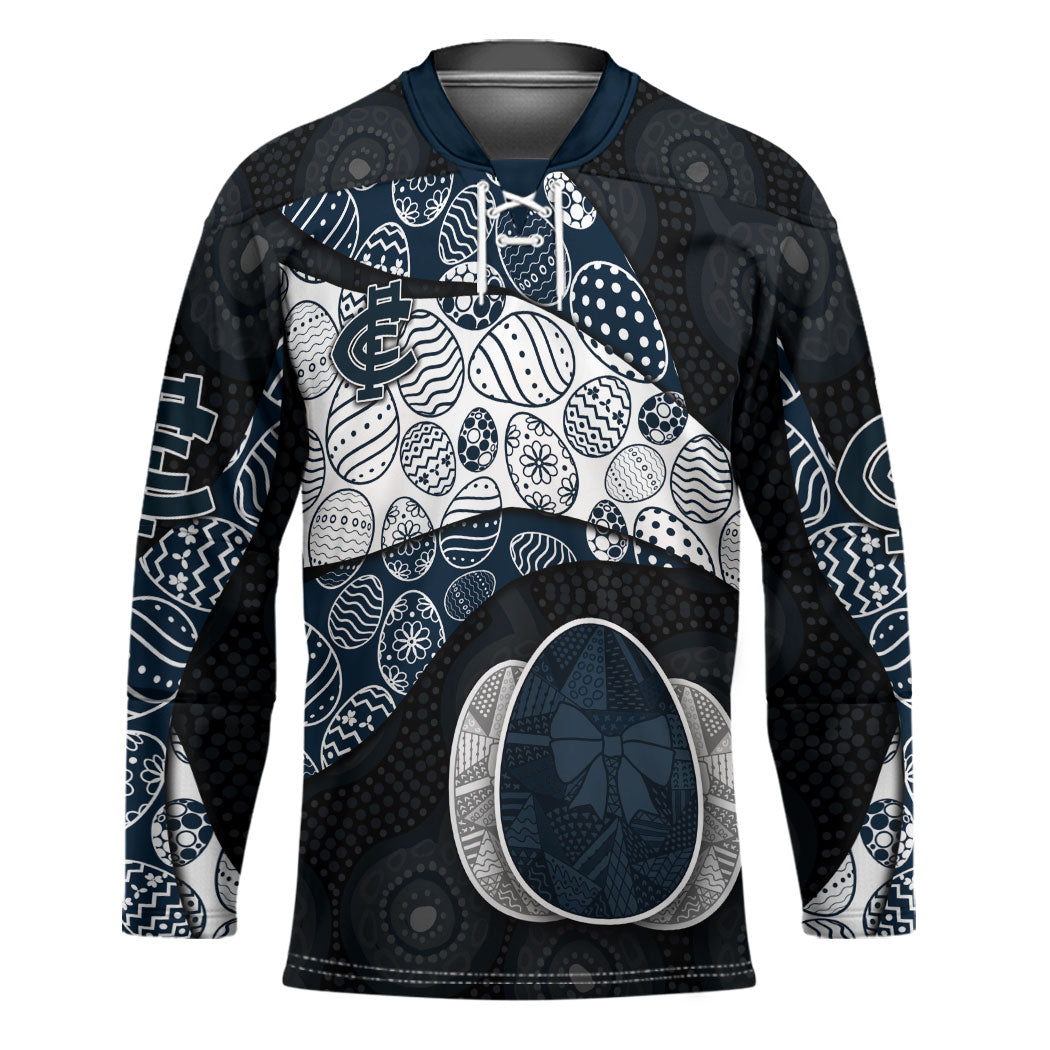 Personalized Carlton Football Hockey Jersey Easter Egg Pattern Navy Monochrome Tribal Dot Style