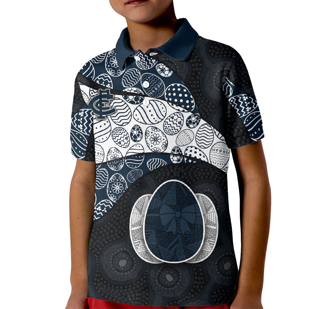 Personalized Carlton Football Kid Polo Shirt Easter Egg Pattern Navy Monochrome Tribal Dot Style