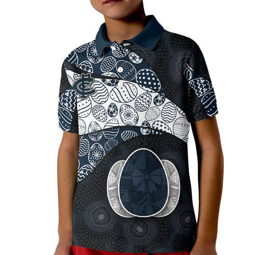 Personalized Carlton Football Kid Polo Shirt Easter Egg Pattern Navy Monochrome Tribal Dot Style