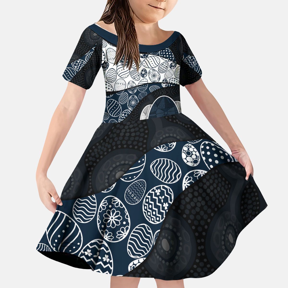 Personalized Carlton Football Kid Short Sleeve Dress Easter Egg Pattern Navy Monochrome Tribal Dot Style