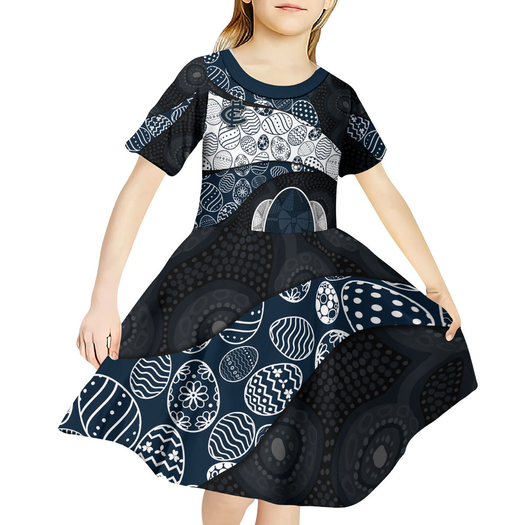 Personalized Carlton Football Kid Short Sleeve Dress Easter Egg Pattern Navy Monochrome Tribal Dot Style