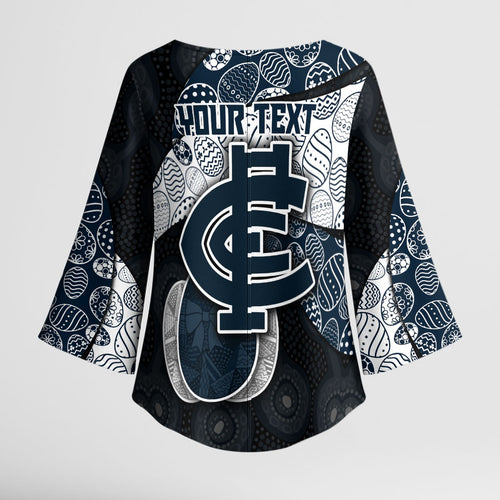 Personalized Carlton Football Kimono Sleeve Blouse Easter Egg Pattern Navy Monochrome Tribal Dot Style