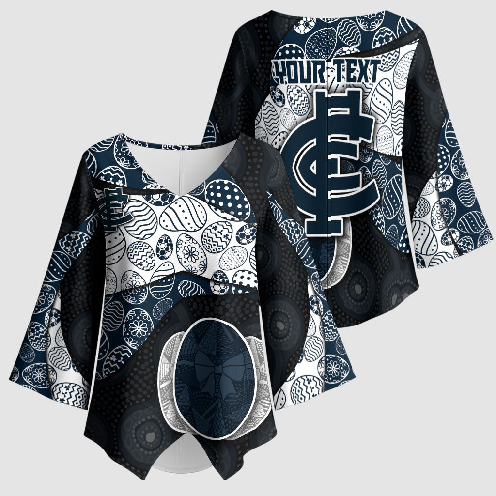 Personalized Carlton Football Kimono Sleeve Blouse Easter Egg Pattern Navy Monochrome Tribal Dot Style