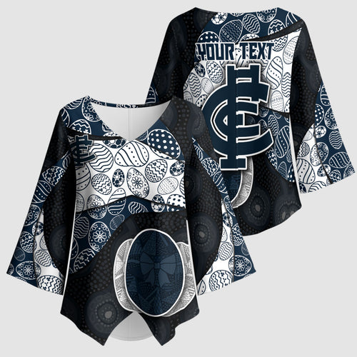 Personalized Carlton Football Kimono Sleeve Blouse Easter Egg Pattern Navy Monochrome Tribal Dot Style