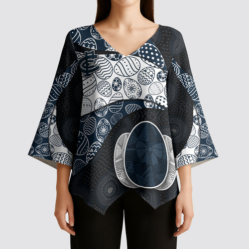 Personalized Carlton Football Kimono Sleeve Blouse Easter Egg Pattern Navy Monochrome Tribal Dot Style