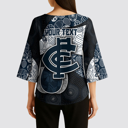 Personalized Carlton Football Kimono Sleeve Blouse Easter Egg Pattern Navy Monochrome Tribal Dot Style
