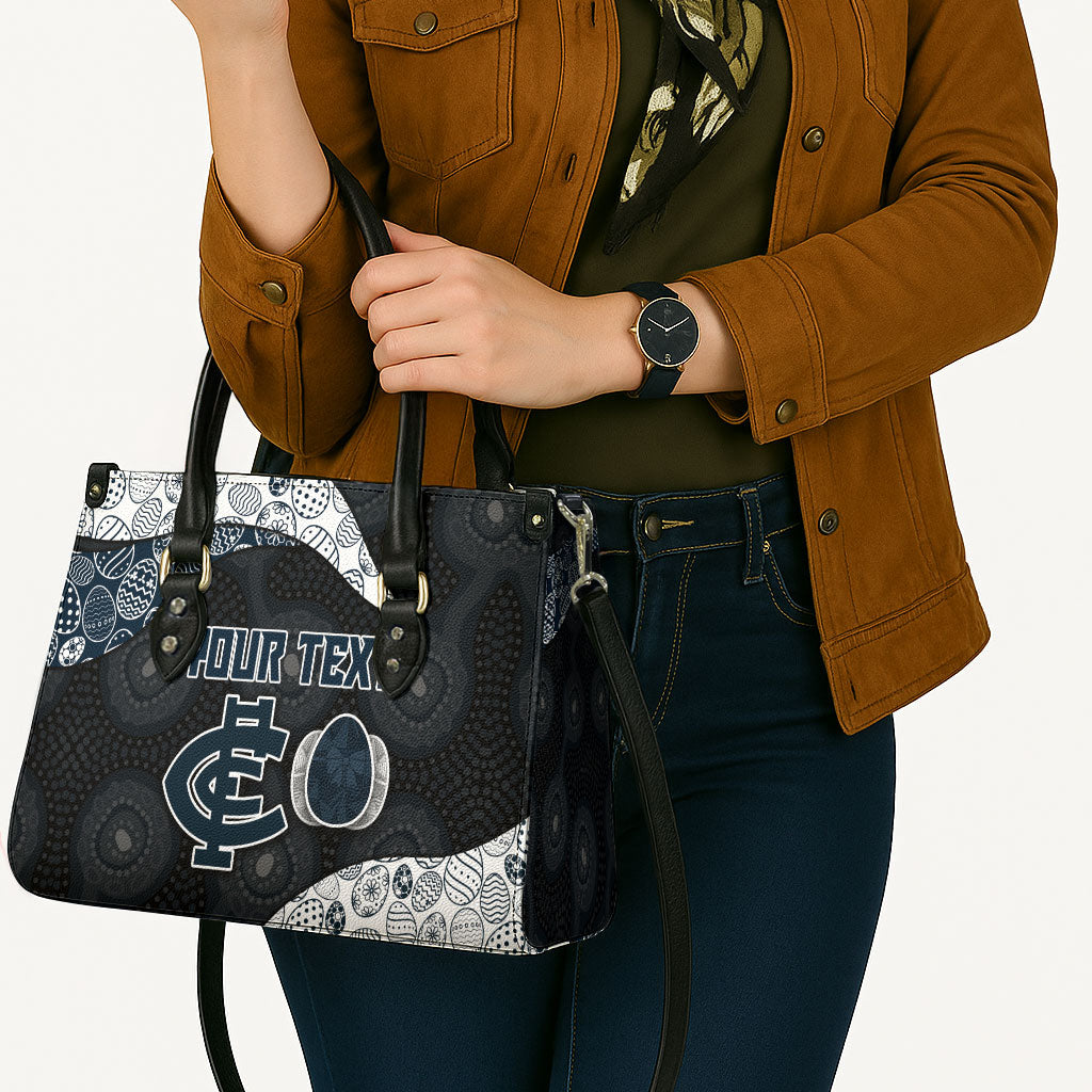 Personalized Carlton Football Leather Bag Easter Egg Pattern Navy Monochrome Tribal Dot Style