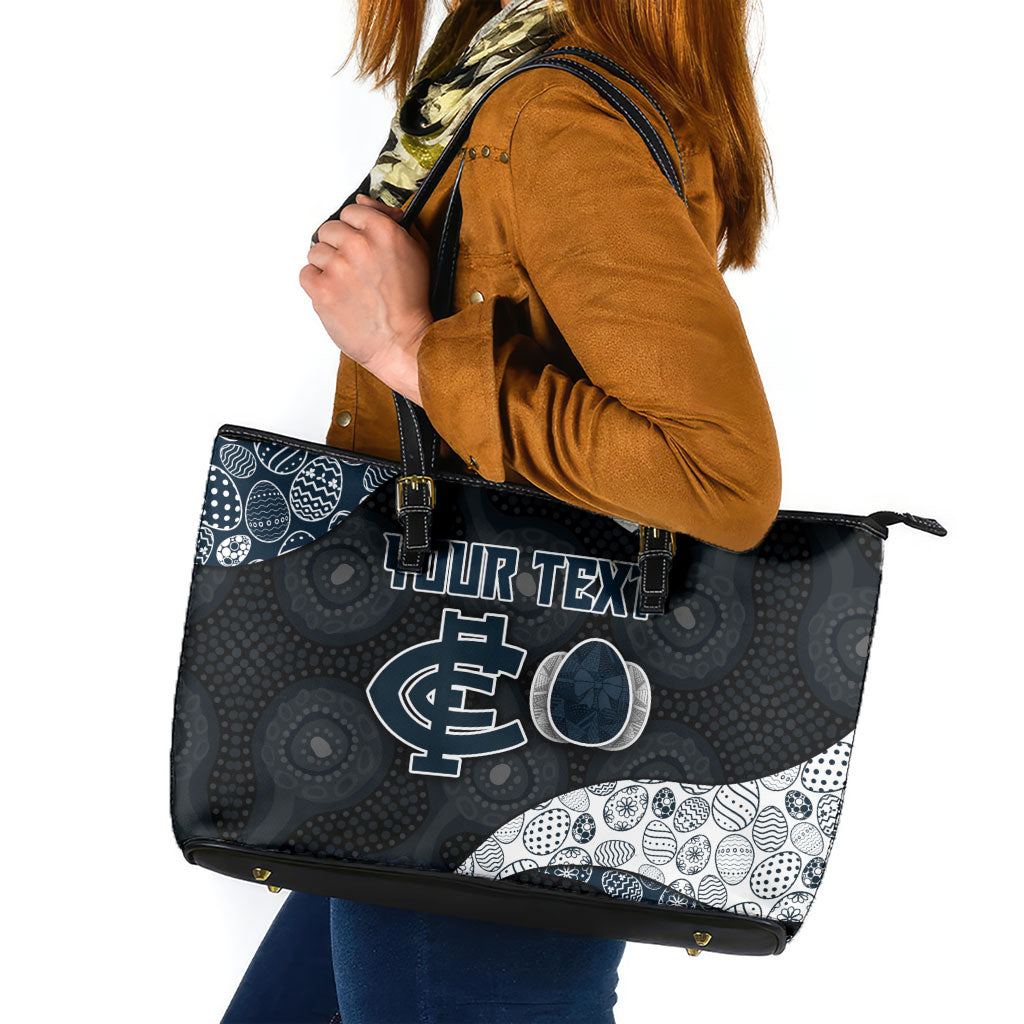 Personalized Carlton Football Leather Tote Bag Easter Egg Pattern Navy Monochrome Tribal Dot Style