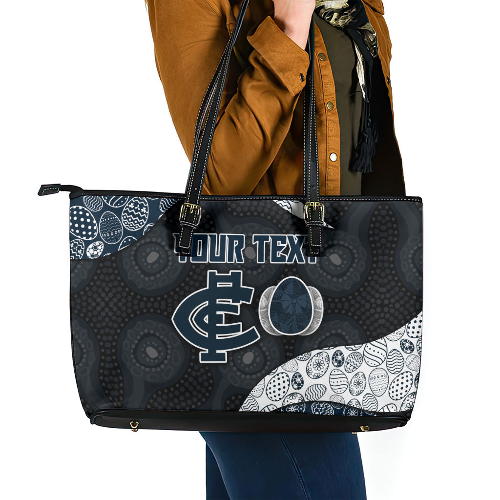 Personalized Carlton Football Leather Tote Bag Easter Egg Pattern Navy Monochrome Tribal Dot Style