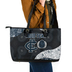 Personalized Carlton Football Leather Tote Bag Easter Egg Pattern Navy Monochrome Tribal Dot Style