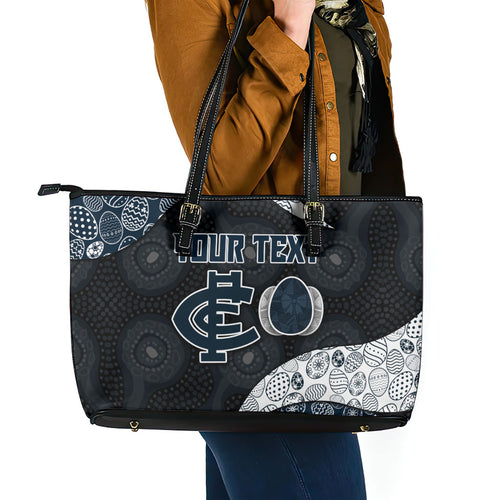 Personalized Carlton Football Leather Tote Bag Easter Egg Pattern Navy Monochrome Tribal Dot Style