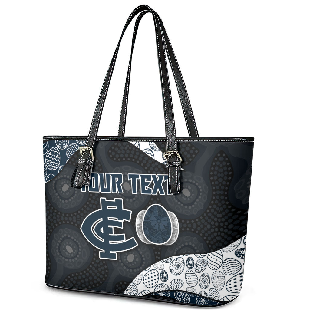 Personalized Carlton Football Leather Tote Bag Easter Egg Pattern Navy Monochrome Tribal Dot Style