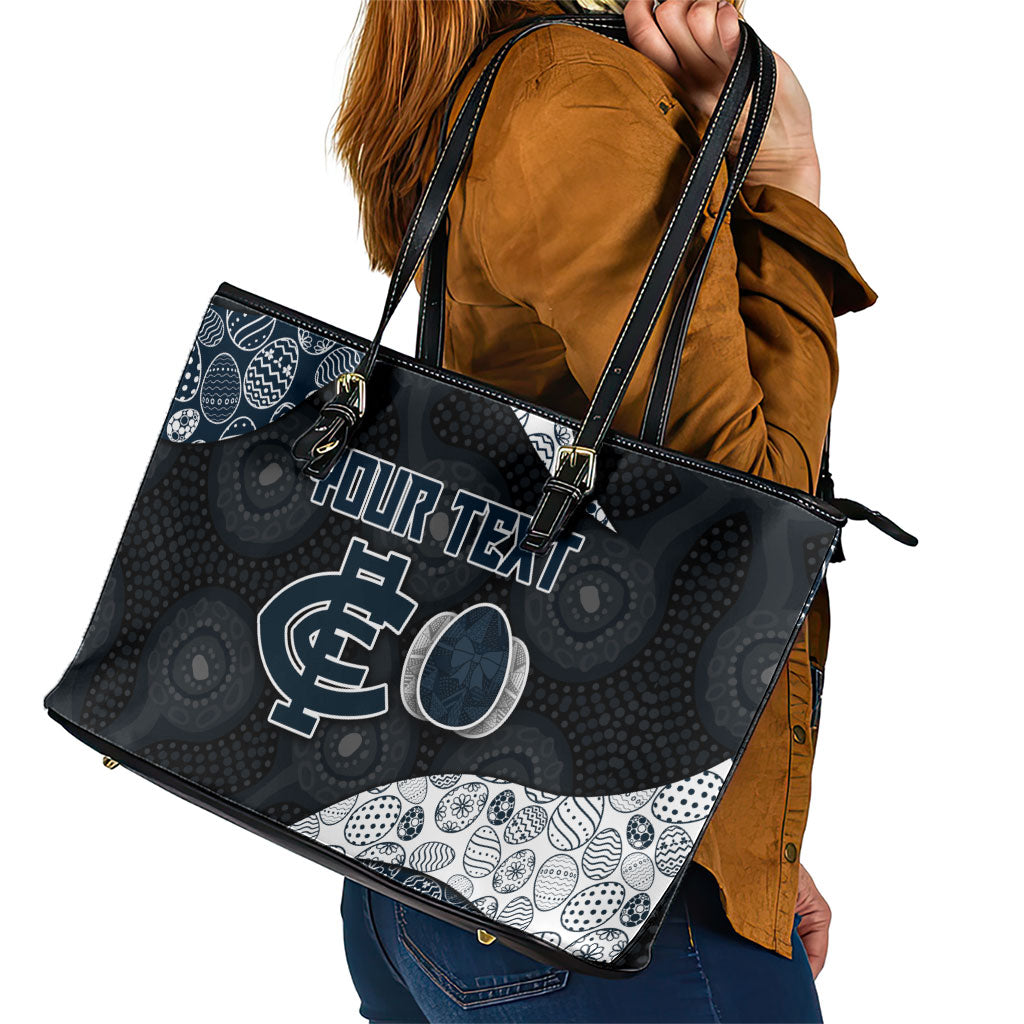 Personalized Carlton Football Leather Tote Bag Easter Egg Pattern Navy Monochrome Tribal Dot Style