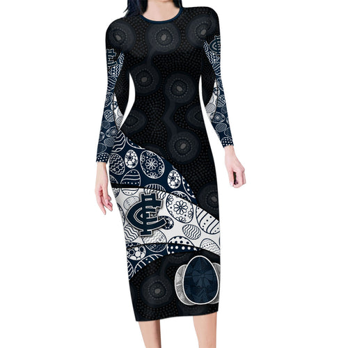 Personalized Carlton Football Long Sleeve Bodycon Dress Easter Egg Pattern Navy Monochrome Tribal Dot Style