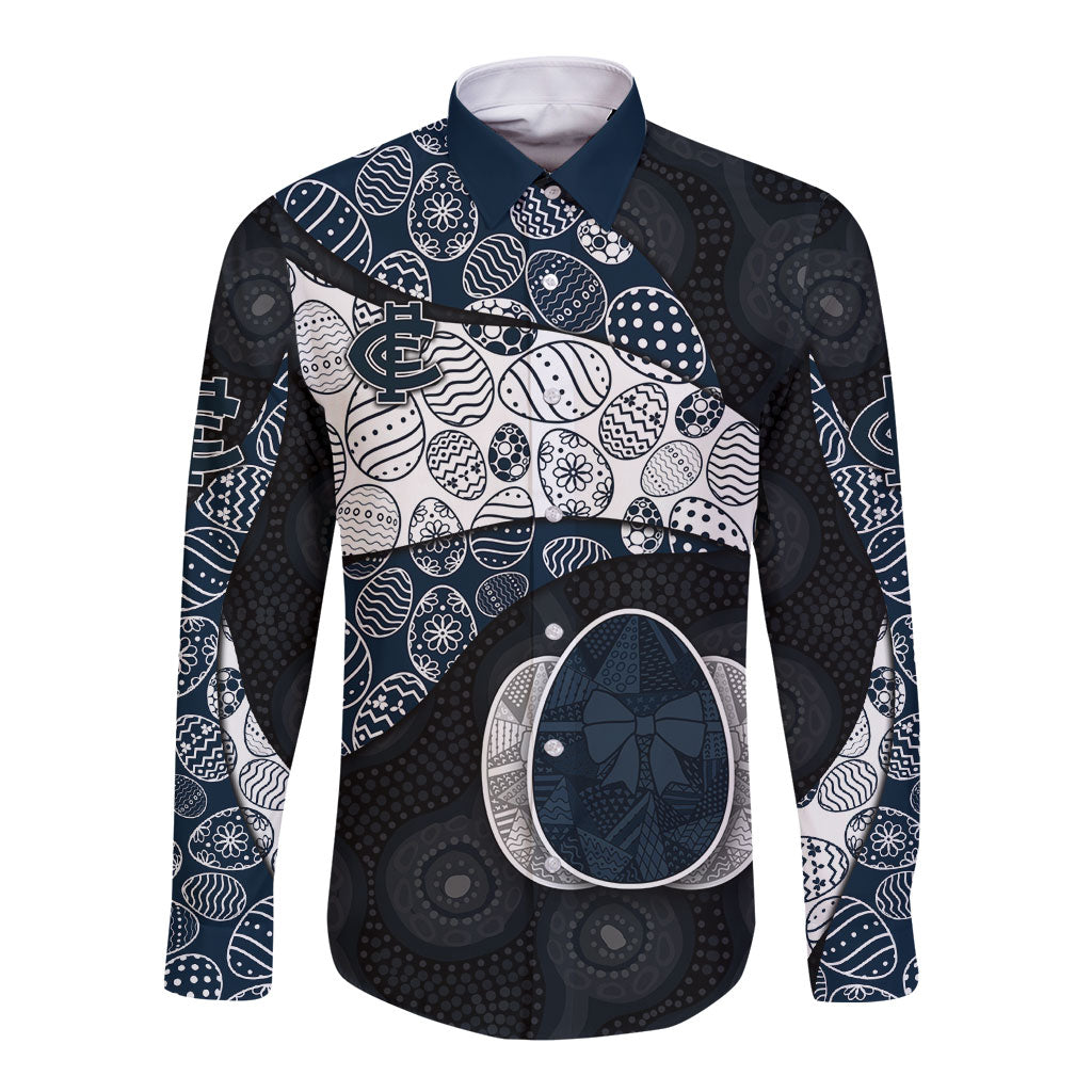 Personalized Carlton Football Long Sleeve Button Shirt Easter Egg Pattern Navy Monochrome Tribal Dot Style