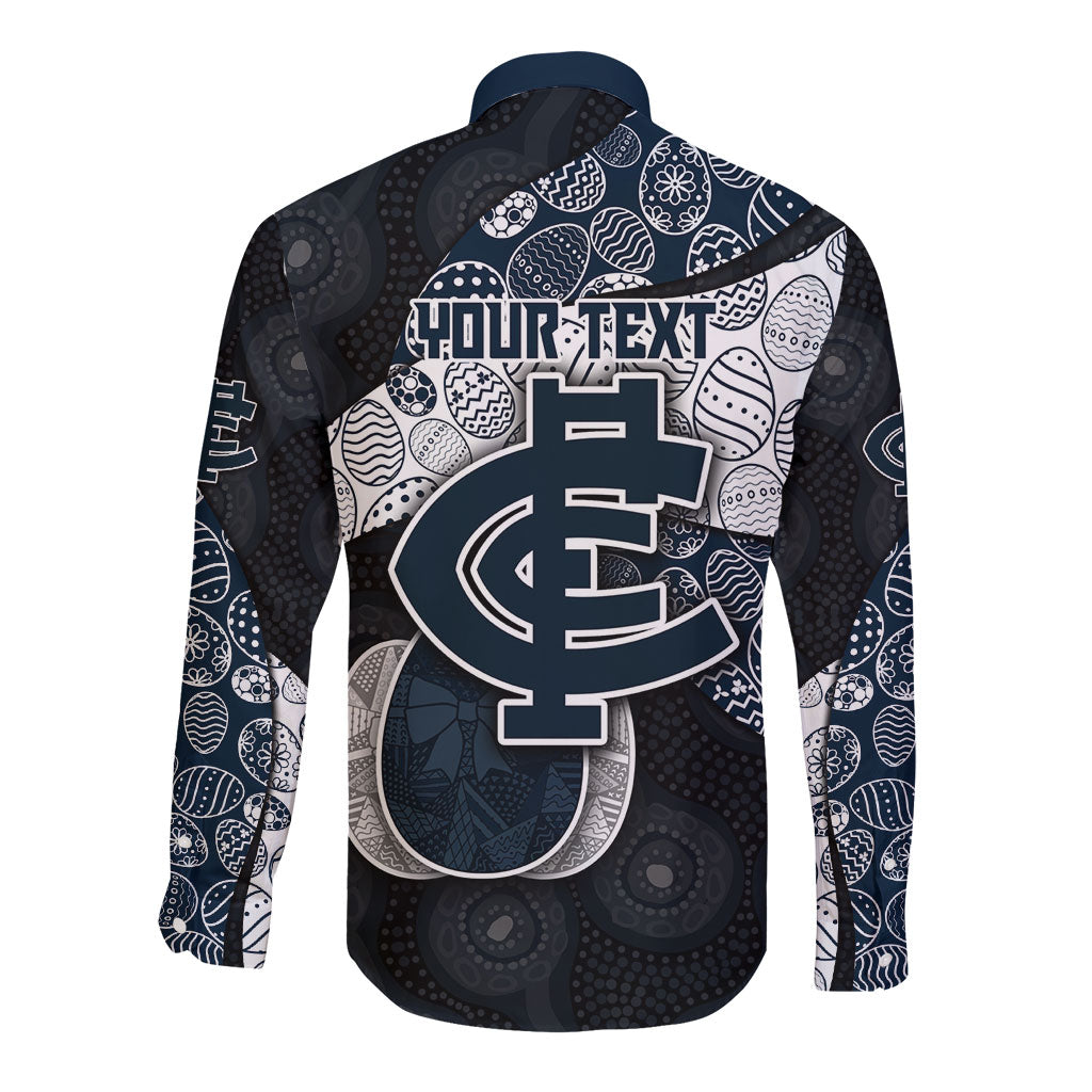 Personalized Carlton Football Long Sleeve Button Shirt Easter Egg Pattern Navy Monochrome Tribal Dot Style