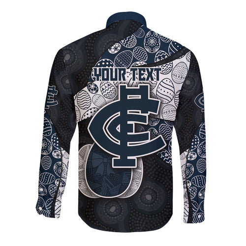 Personalized Carlton Football Long Sleeve Button Shirt Easter Egg Pattern Navy Monochrome Tribal Dot Style