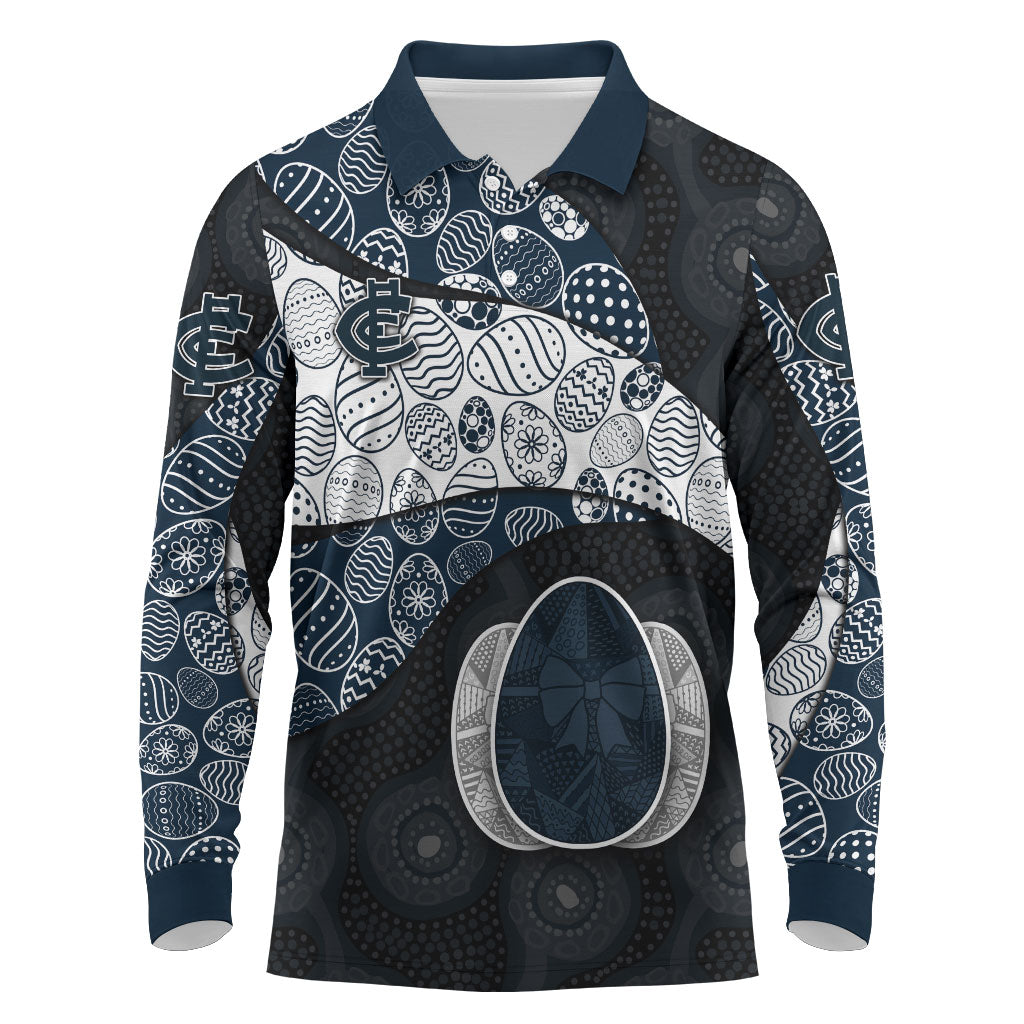 Personalized Carlton Football Long Sleeve Polo Shirt Easter Egg Pattern Navy Monochrome Tribal Dot Style