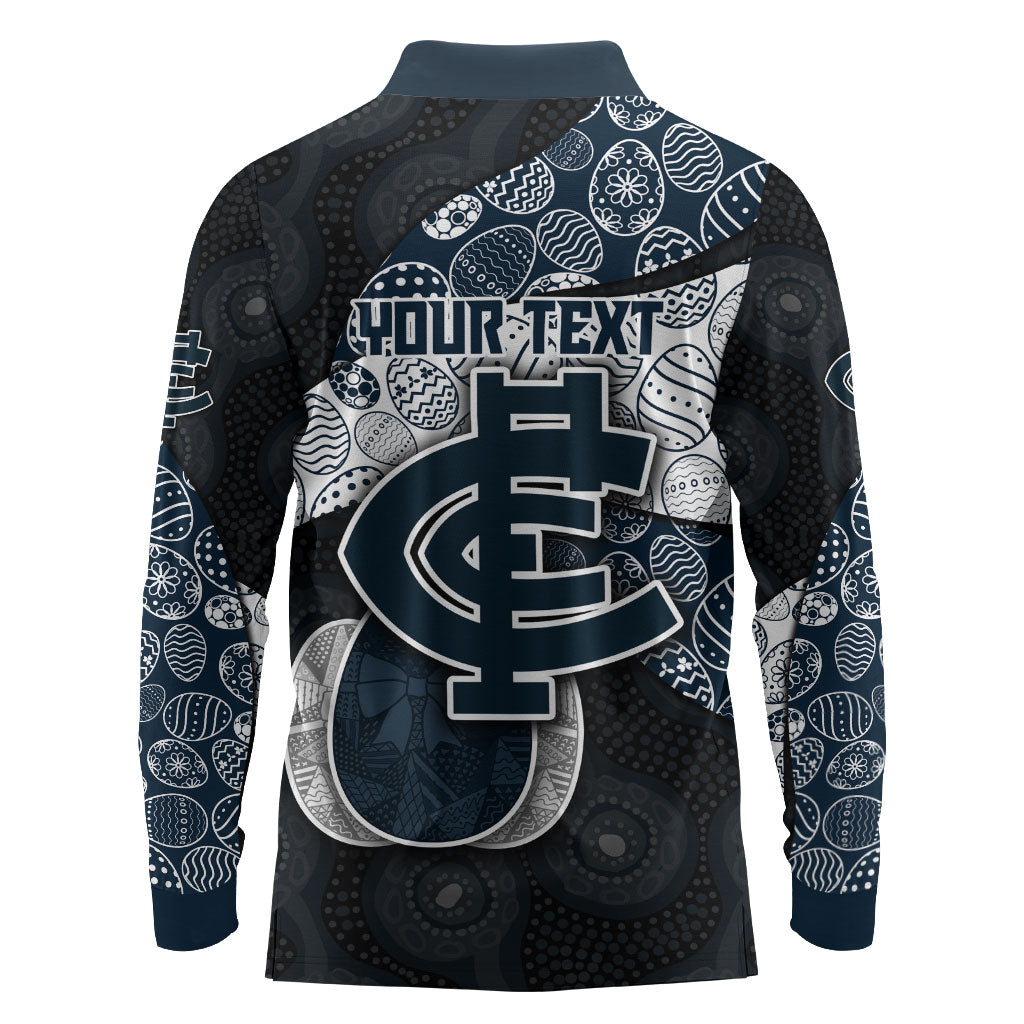 Personalized Carlton Football Long Sleeve Polo Shirt Easter Egg Pattern Navy Monochrome Tribal Dot Style