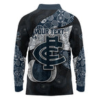 Personalized Carlton Football Long Sleeve Polo Shirt Easter Egg Pattern Navy Monochrome Tribal Dot Style