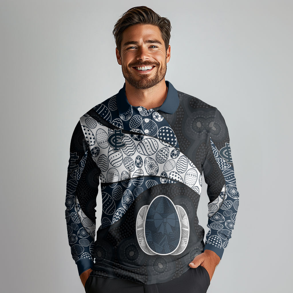 Personalized Carlton Football Long Sleeve Polo Shirt Easter Egg Pattern Navy Monochrome Tribal Dot Style