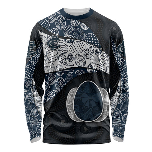 Personalized Carlton Football Long Sleeve Shirt Easter Egg Pattern Navy Monochrome Tribal Dot Style