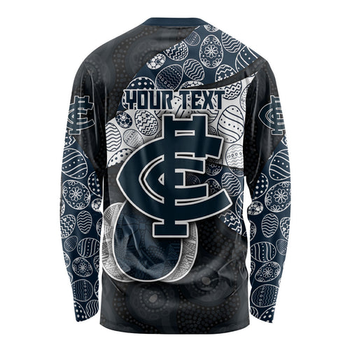 Personalized Carlton Football Long Sleeve Shirt Easter Egg Pattern Navy Monochrome Tribal Dot Style