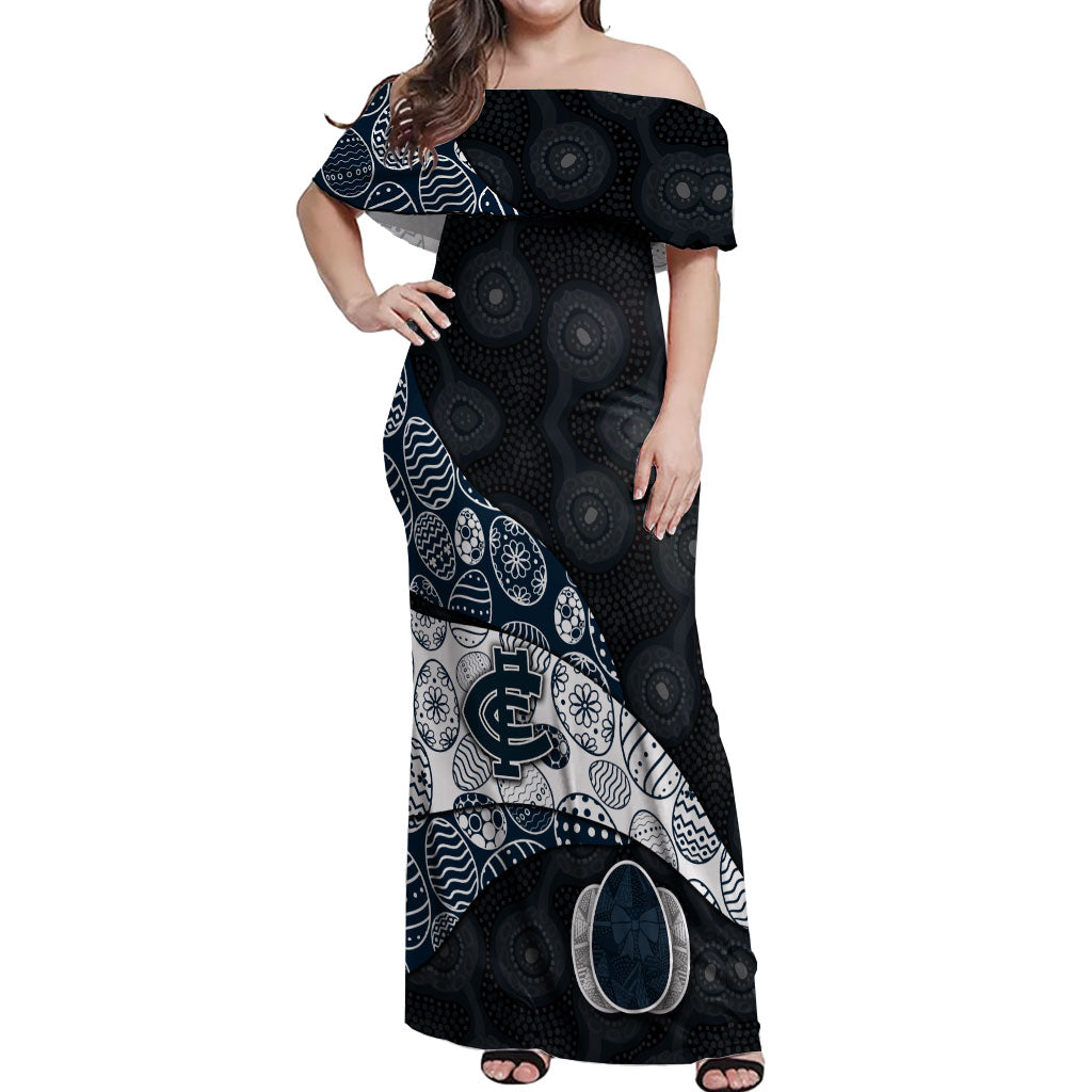 Personalized Carlton Football Off Shoulder Maxi Dress Easter Egg Pattern Navy Monochrome Tribal Dot Style
