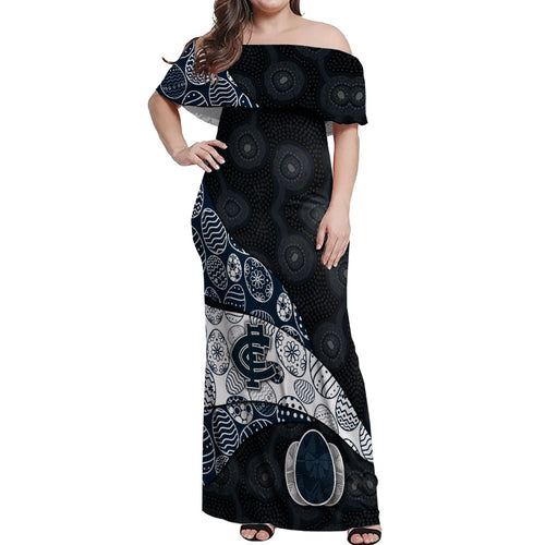 Personalized Carlton Football Off Shoulder Maxi Dress Easter Egg Pattern Navy Monochrome Tribal Dot Style
