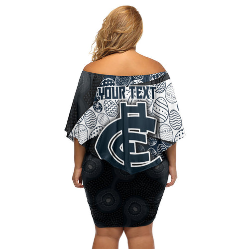 Personalized Carlton Football Off Shoulder Short Dress Easter Egg Pattern Navy Monochrome Tribal Dot Style
