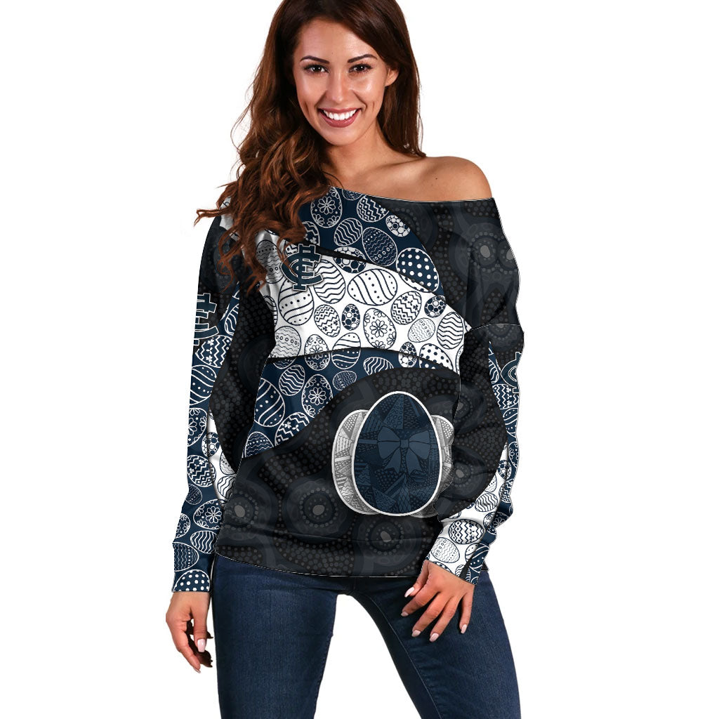 Personalized Carlton Football Off Shoulder Sweater Easter Egg Pattern Navy Monochrome Tribal Dot Style