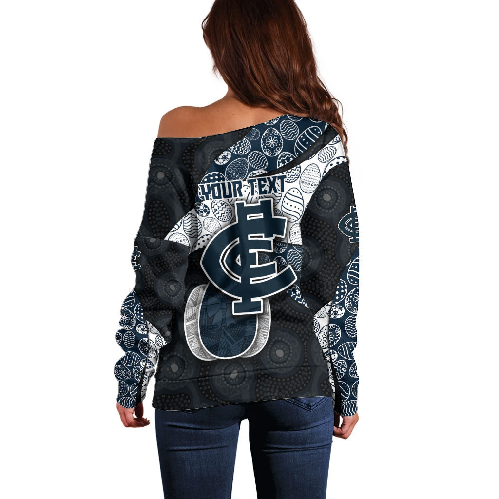 Personalized Carlton Football Off Shoulder Sweater Easter Egg Pattern Navy Monochrome Tribal Dot Style
