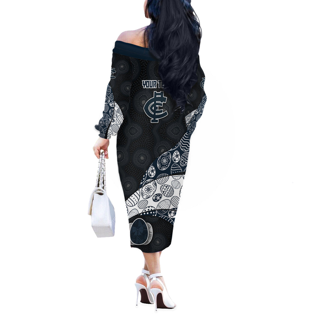 Personalized Carlton Football Off The Shoulder Long Sleeve Dress Easter Egg Pattern Navy Monochrome Tribal Dot Style