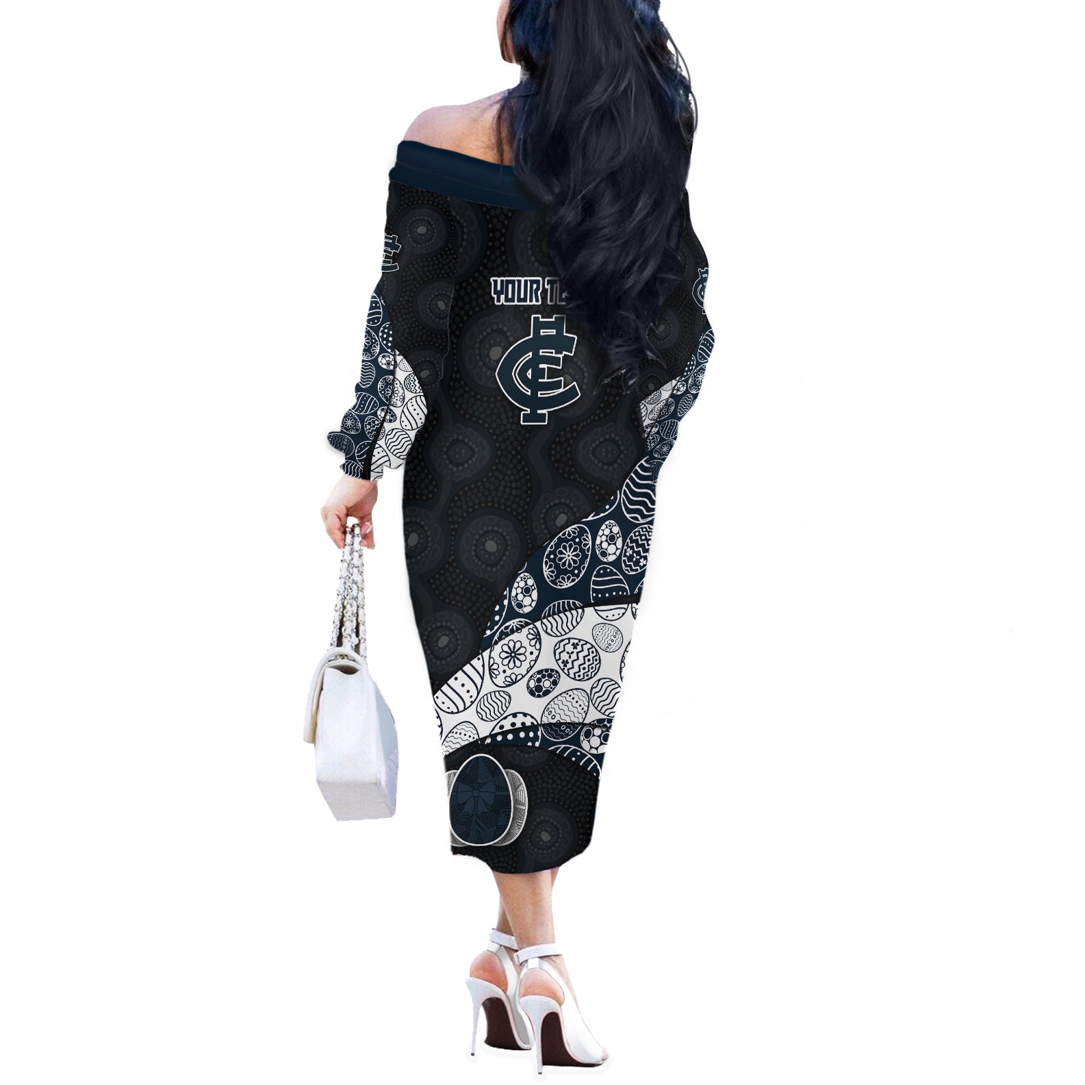 Personalized Carlton Football Off The Shoulder Long Sleeve Dress Easter Egg Pattern Navy Monochrome Tribal Dot Style